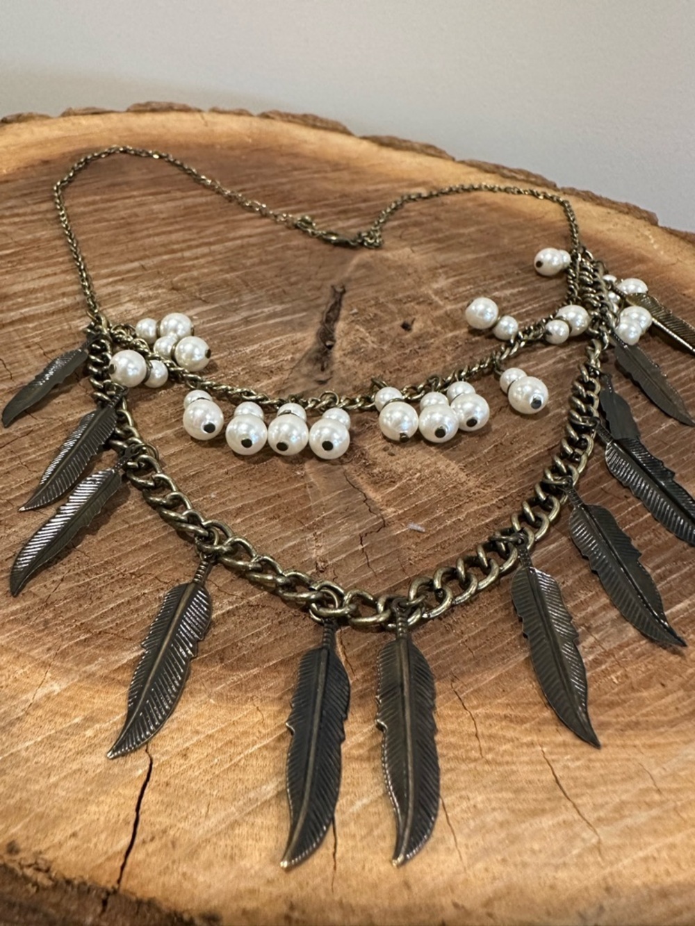 Pearl and Feather Layered Necklace - Antique Brass Tone
